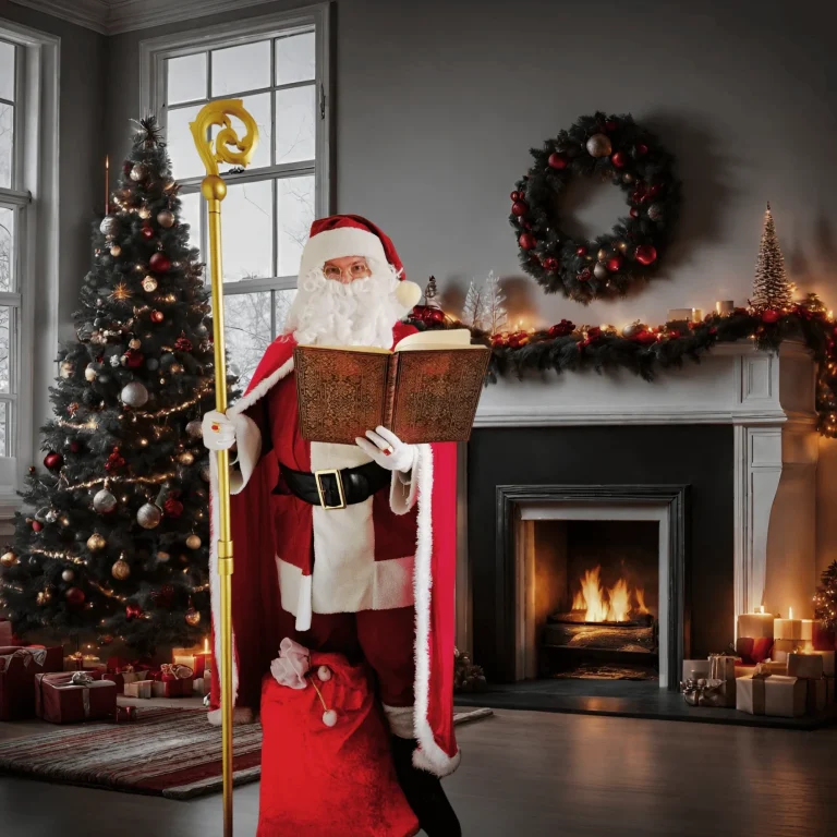 Weihnachtsmann mit goldenem Buch zu Besuch in Augsburg Weihnachtsmann in Augsburg begrüßt Kinder bei einer festlichen Familienfeier